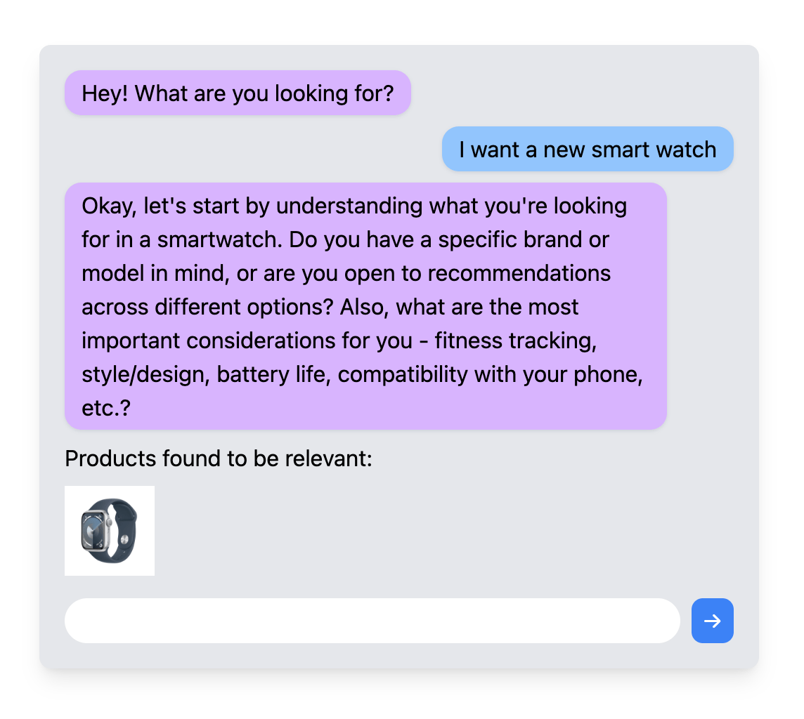 Chat box with user prompting 'I want a new Macbook' and chatbot responding with shopping guidance and clarifying questions in the style of the tech YouTuber it's representing